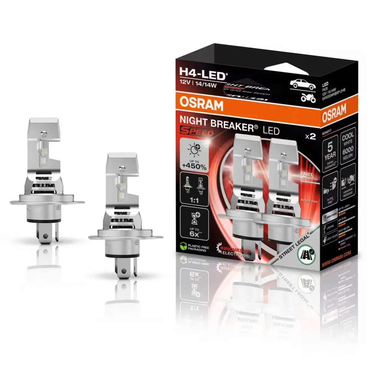Osram Night Breaker LED Speed H4 +450% 2db/csomag 1 Osram Night Breaker LED Speed H4 +450% 2db/csomag