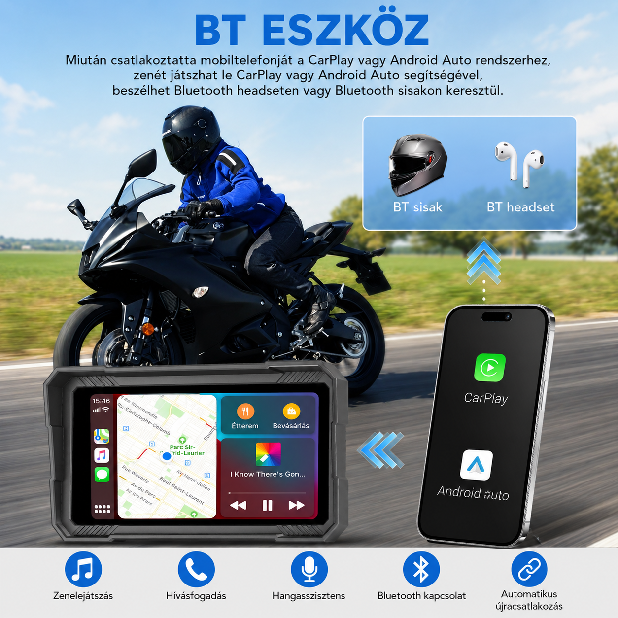 Motoros CarPlay kijelző 5" – Vezeték nélküli Apple CarPlay és Android Auto, első és hátsó kamerával 4 Motoros CarPlay kijelző 5" – Vezeték nélküli Apple CarPlay és Android Auto, első és hátsó kamerával - Image 4