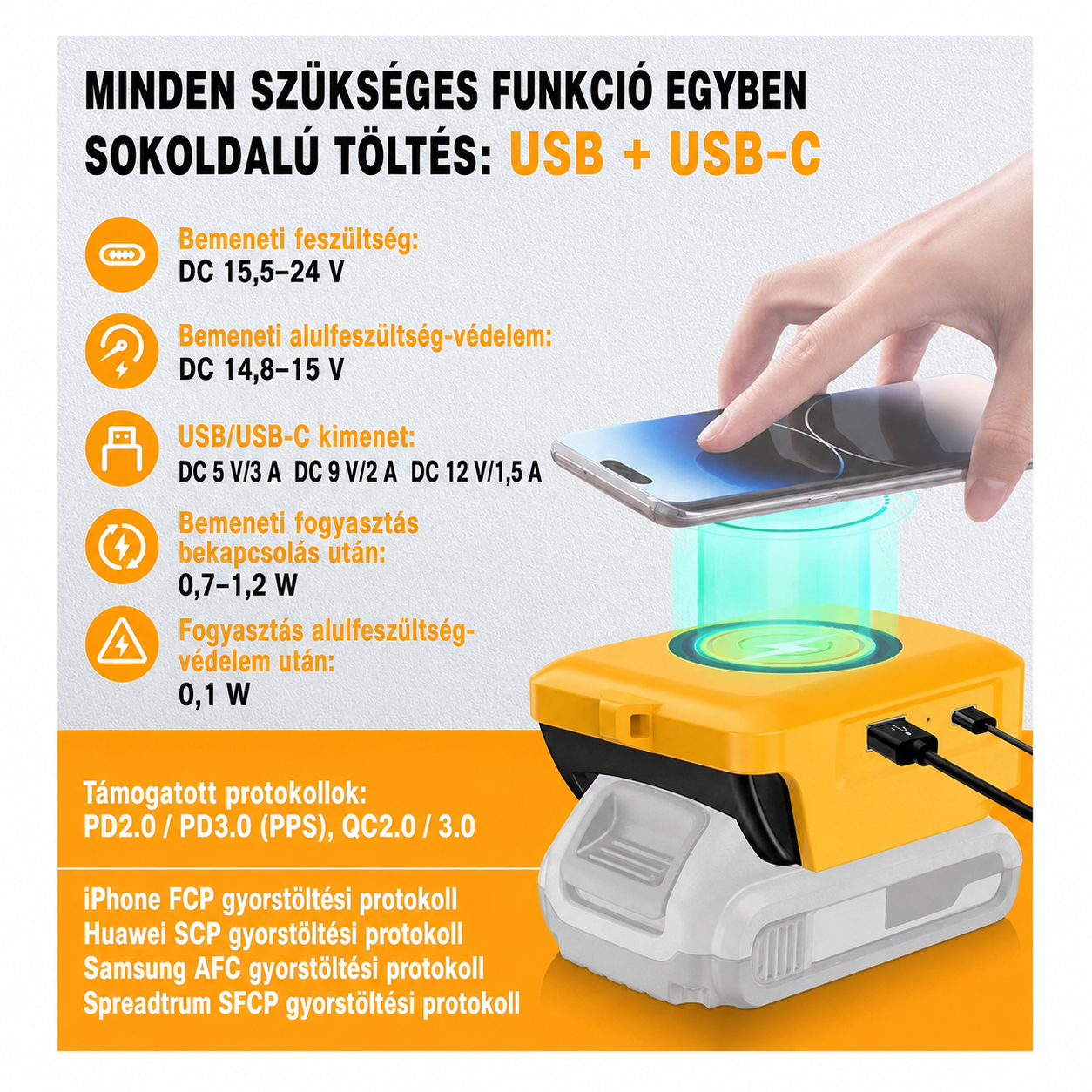 DeWalt akkumulátor kompatibilis vezeték nélküli gyorstöltő adapter 2 DeWalt akkumulátor kompatibilis vezeték nélküli gyorstöltő adapter - Image 2