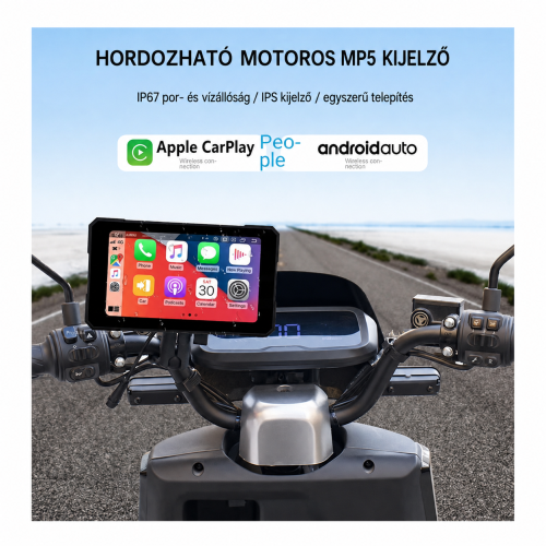 Home 14 Motoros CarPlay kijelző 5" – Vezeték nélküli Apple CarPlay és Android Auto, 2 kamerával
