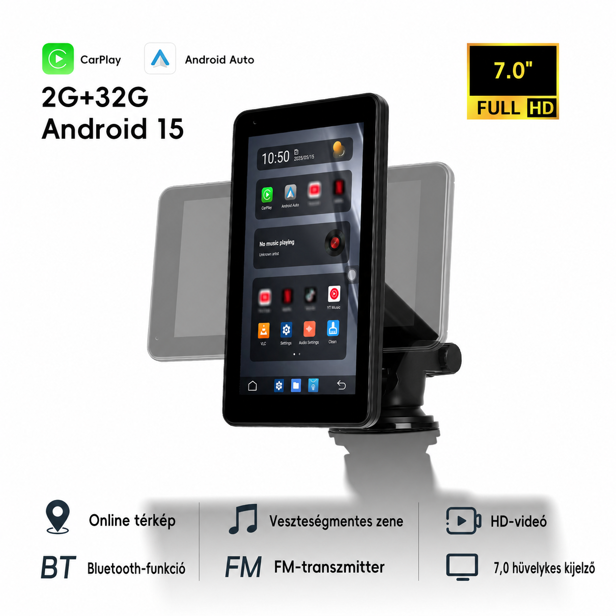Autós CarPlay és Android Auto kijelző – magyar nyelvű 7" forgatható 1 Autós CarPlay és Android Auto kijelző – magyar nyelvű 7" forgatható