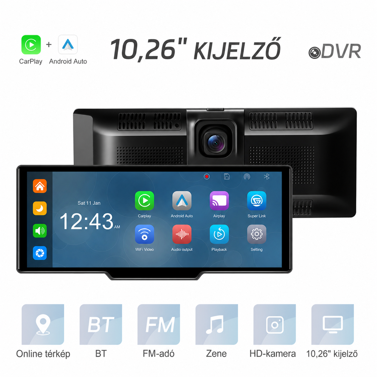 10,26" autós CarPlay kijelző – 4K DVR, első és hátsó kamerával, vezeték nélküli Android Auto 1 10,26" autós CarPlay kijelző – 4K DVR, első és hátsó kamerával, vezeték nélküli Android Auto