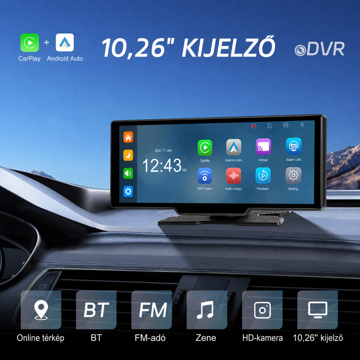 10,26" autós CarPlay kijelző – 4K DVR, első és hátsó kamerával, vezeték nélküli Android Auto 3 10,26" autós CarPlay kijelző – 4K DVR, első és hátsó kamerával, vezeték nélküli Android Auto - Image 3