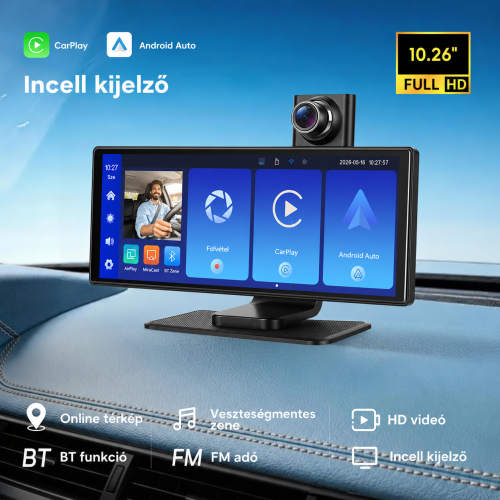 Autós CarPlay és Android Auto kijelző – magyar nyelvű 10,26" 4K DVR, első és tolatókamerával WIFI-s