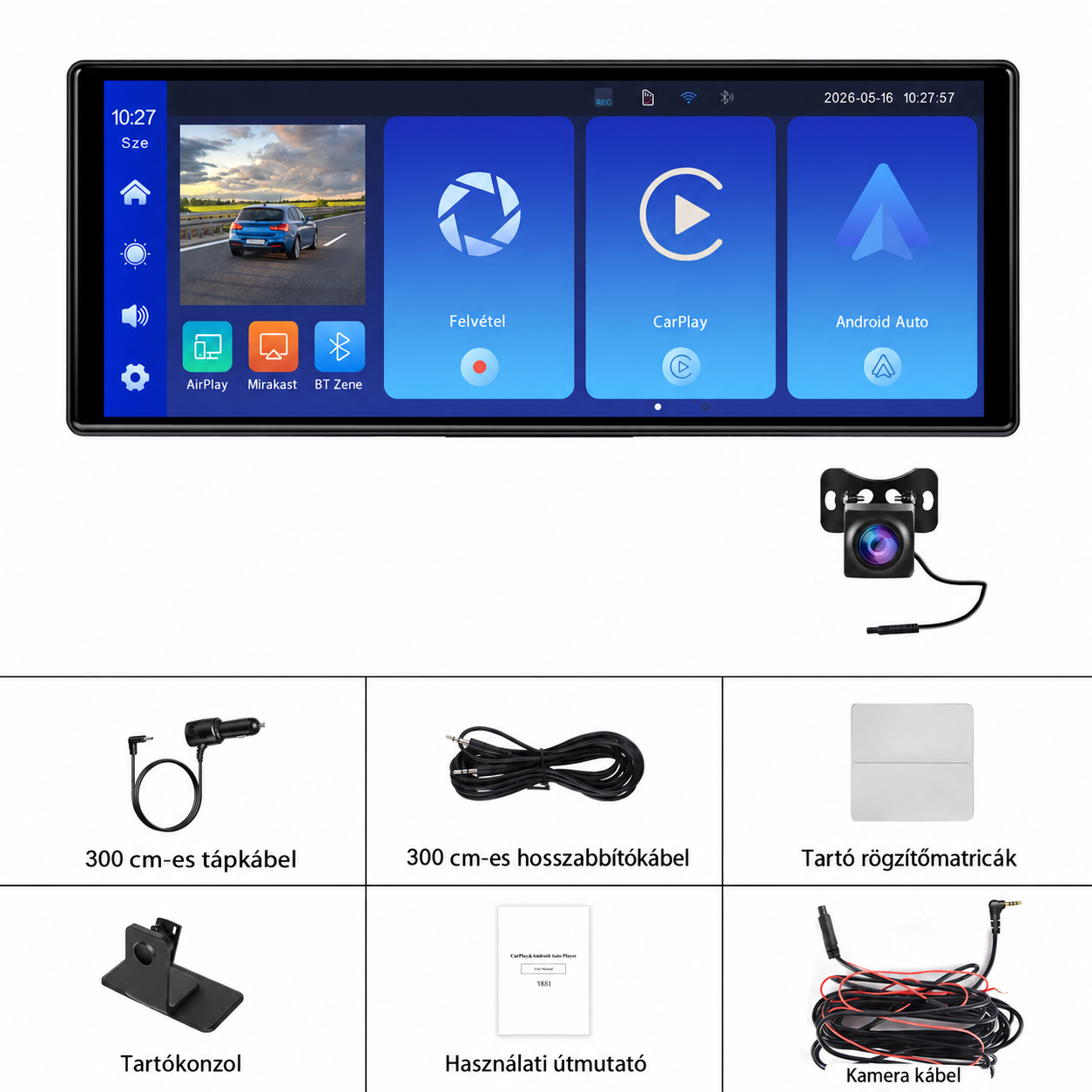 Autós CarPlay és Android Auto kijelző – magyar nyelvű 10,26" 4K DVR, első és tolatókamerával WIFI-s 3 Autós CarPlay és Android Auto kijelző – magyar nyelvű 10,26" 4K DVR, első és tolatókamerával WIFI-s - Image 3