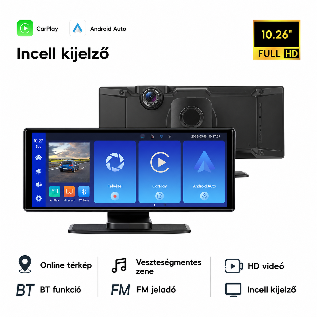 Autós CarPlay és Android Auto kijelző – magyar nyelvű 10,26" 4K DVR, első és tolatókamerával WIFI-s 2 Autós CarPlay és Android Auto kijelző – magyar nyelvű 10,26" 4K DVR, első és tolatókamerával WIFI-s - Image 2